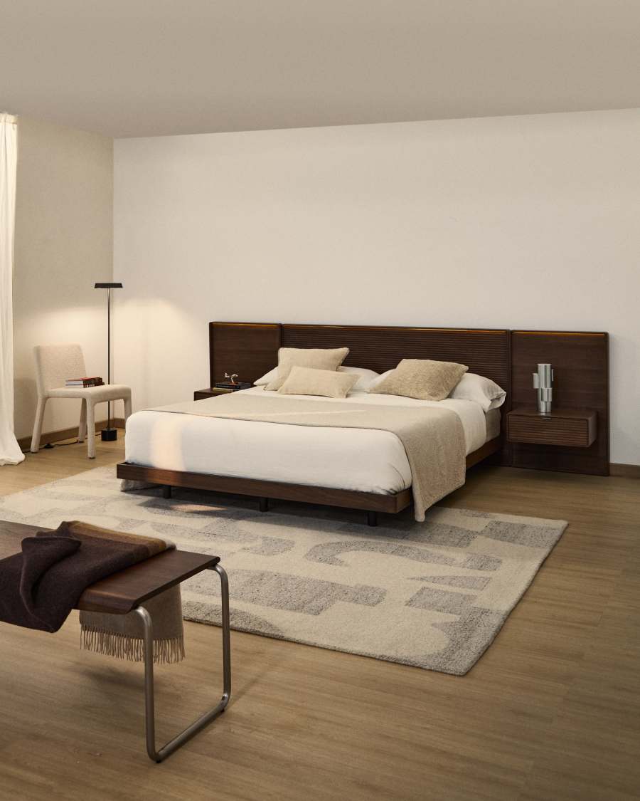 Norlen bed with 2 bedside tables in walnut veneer with dark finish and LED light for 160 x 200cm mattress FSC Mix Credit UK adapter