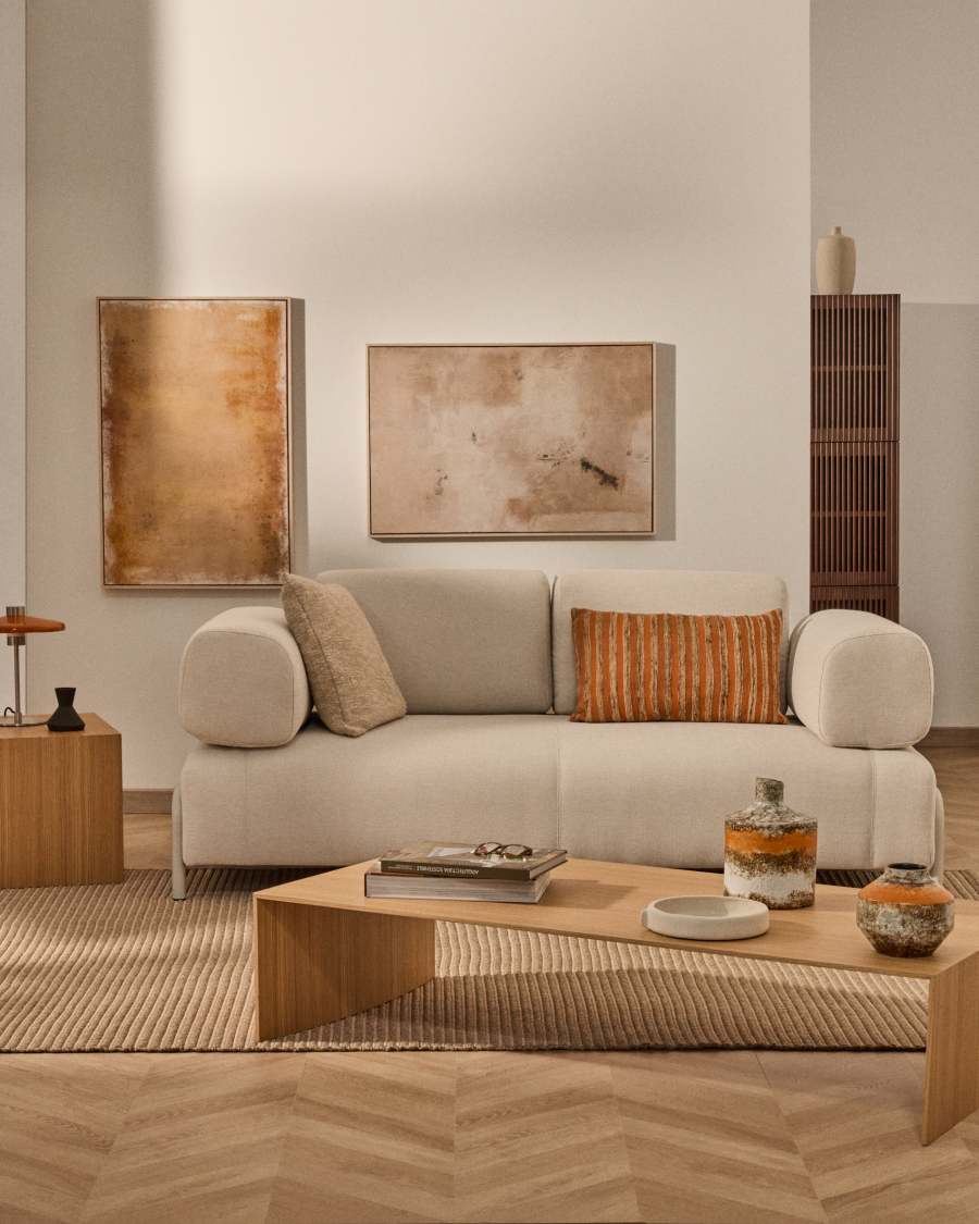 Compo 2-seater sofa in ecru chenille with beige metal frame 200 cm FSC Mix Credit