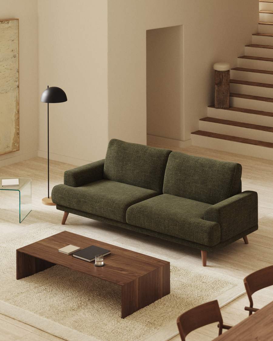 Karin 3-seater sofa green with solid beech wood legs with walnut-effect finish, 231 cm
