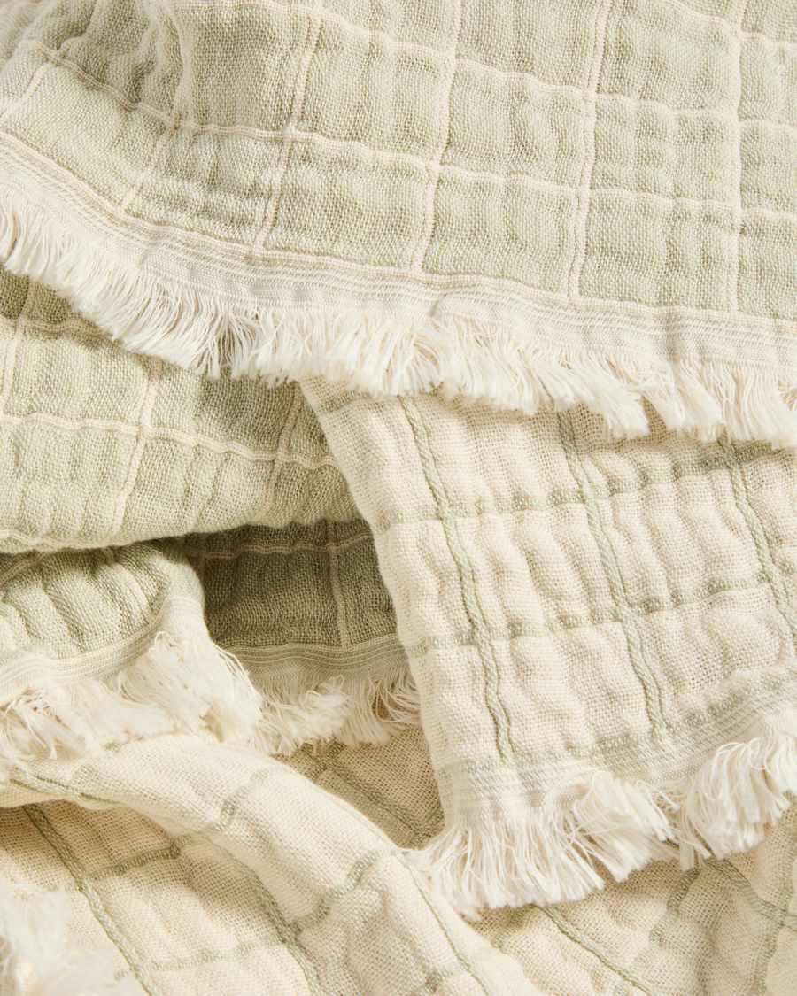 Coperta Tivaro 100% cotone jacquard a quadri verde chiaro, doppia faccia 130 x 170 cm