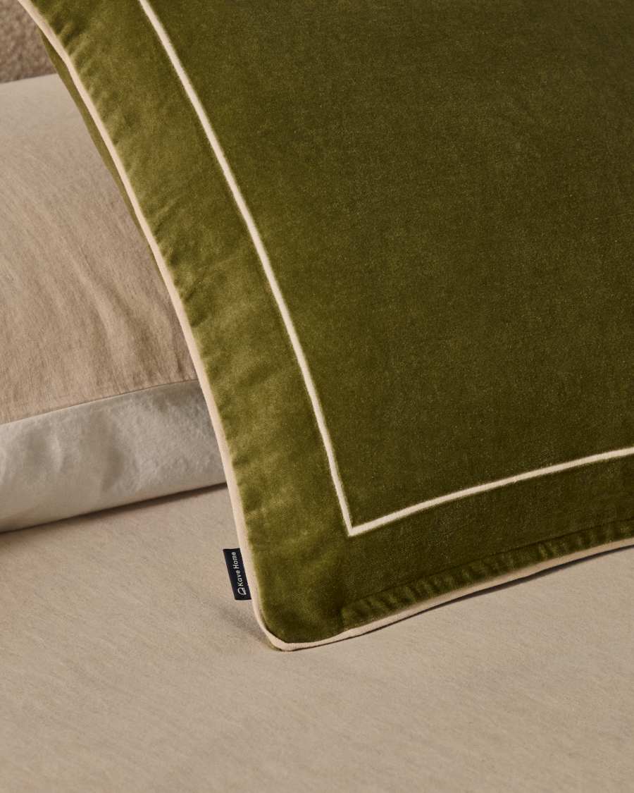 Tivani green embroidered velvet cushion cover with contrasting trim 45 x 45cm