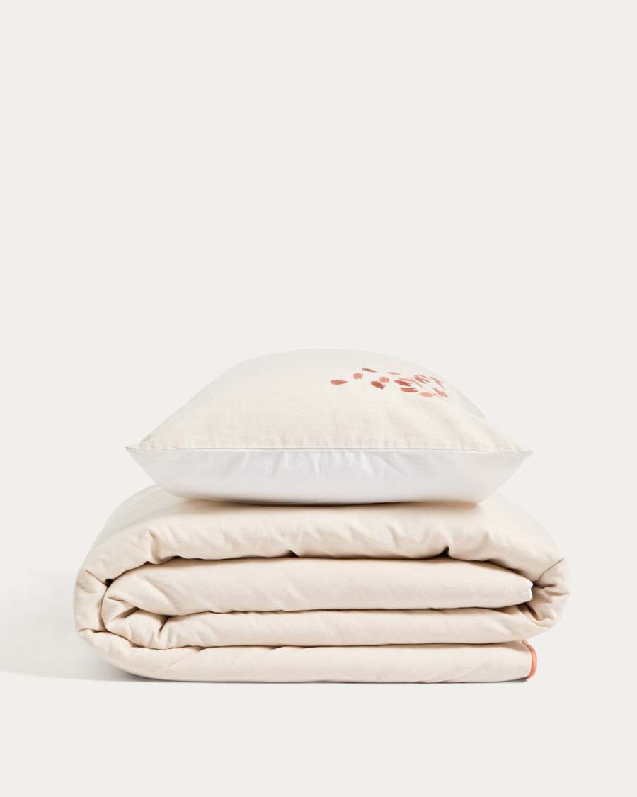 Virelda duvet cover and pillowcase set in beige cotton and linen with embroidered detail for 90cm bed