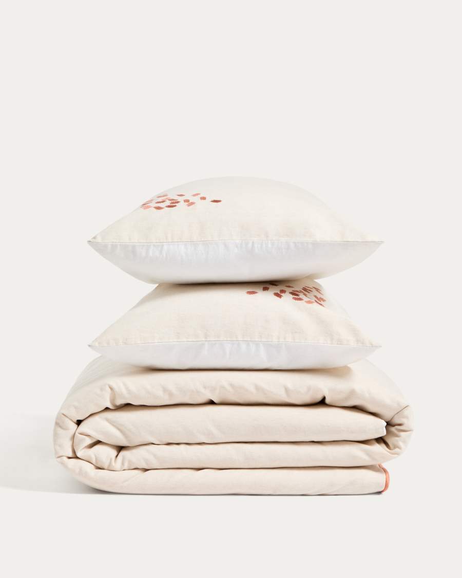 Virelda duvet cover and pillowcase set in beige cotton and linen with embroidered detail for 180cm bed