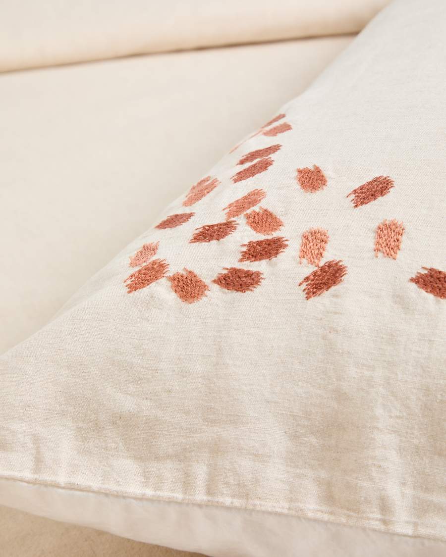 Virelda duvet cover and pillowcase set in beige cotton and linen with embroidered detail for 180cm bed