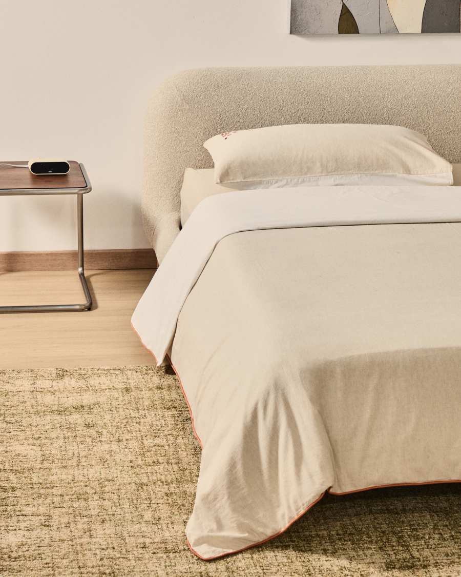 Virelda duvet cover and pillowcase set in beige cotton and linen with embroidered detail for 90cm bed