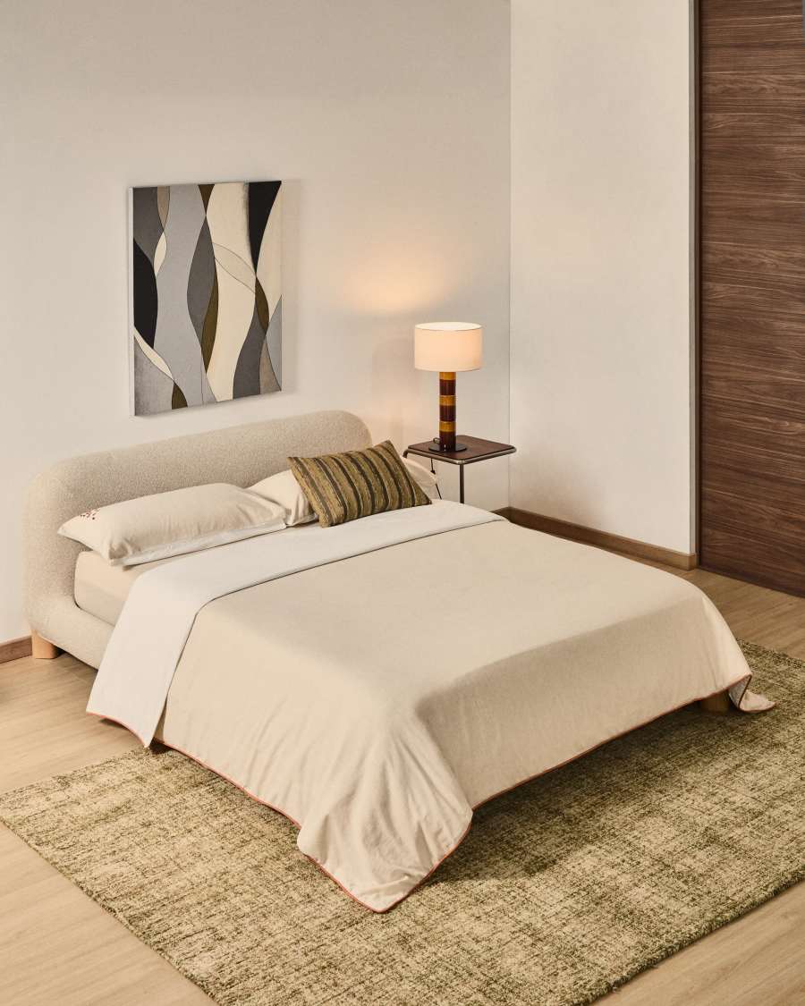 Virelda duvet cover and pillowcase set in beige cotton and linen with embroidered detail for 150cm bed