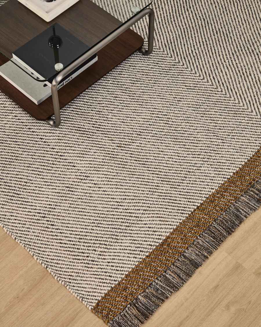 Wollteppich Brina mit Jacquard-Fischgrätmuster, beige, 230 x 160 cm