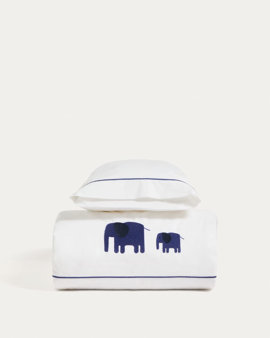 Ensemble Tandari housse de couette et taie d’oreiller en percale de coton beige avec broderie éléphant pour lit de 70 cm