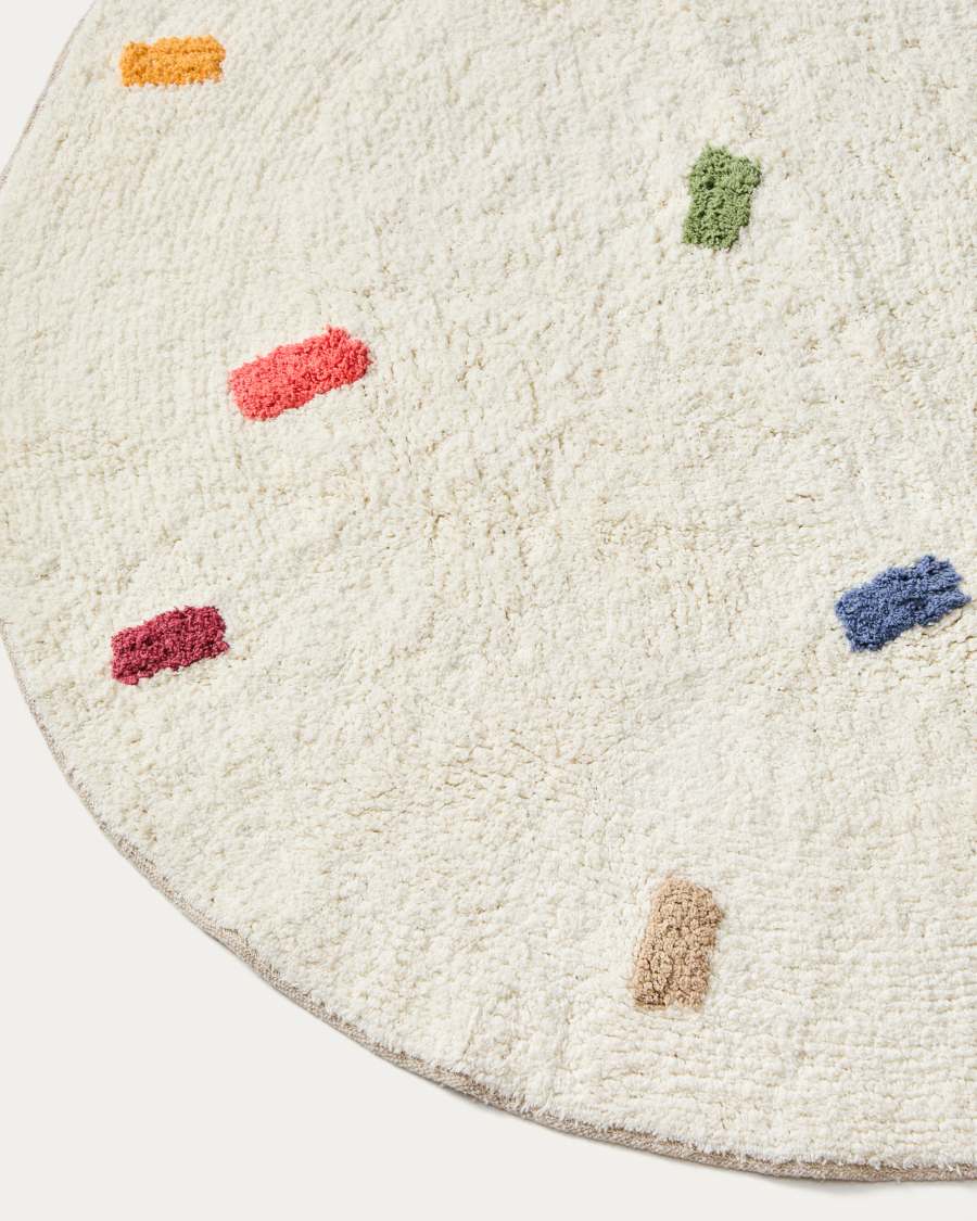 Epifania round rug 100% cotton white with multicoloured dots Ø 120 cm