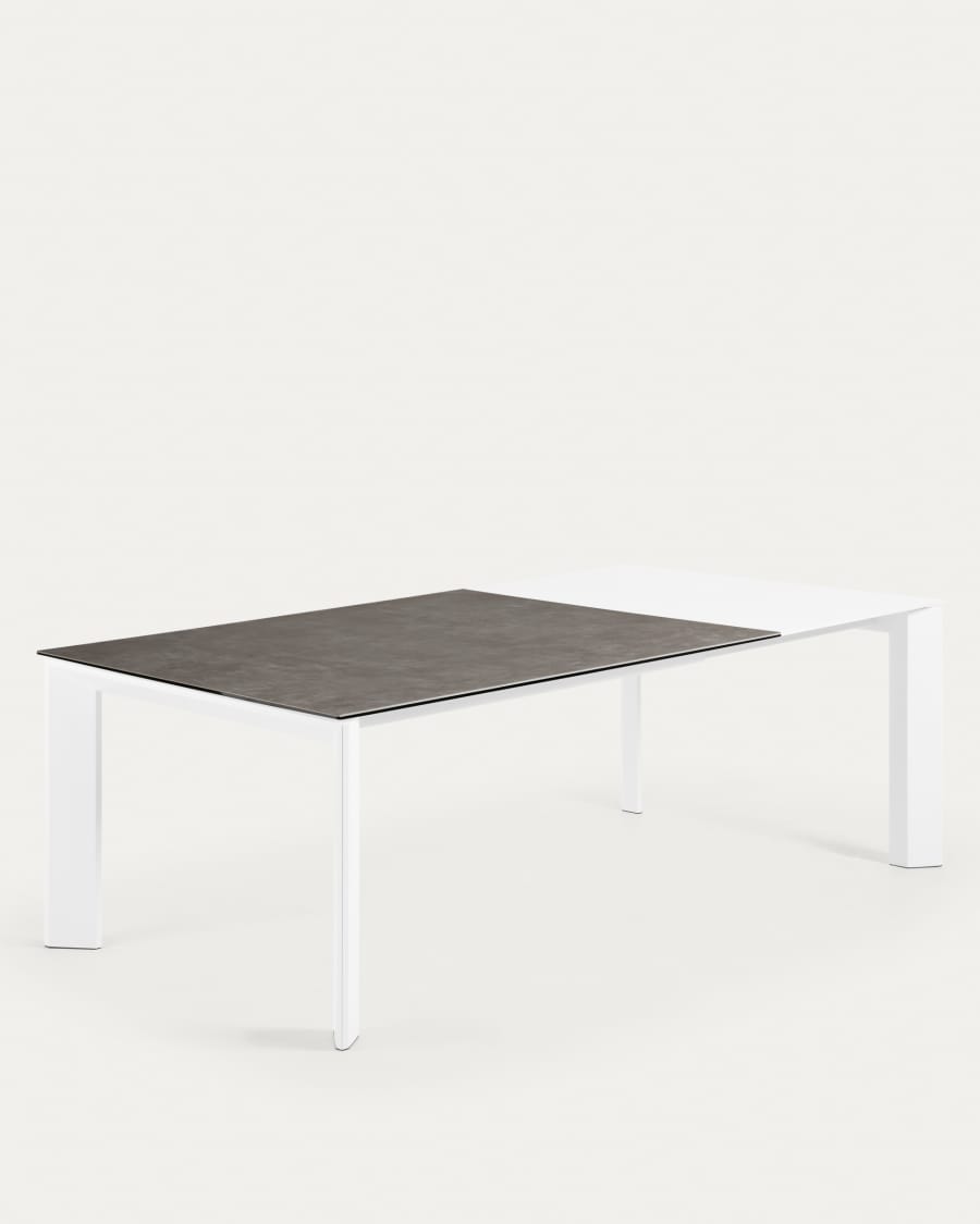 Axis extendable ceramic table in Vulcano Ceniza finish, white steel legs 160 (220) cm