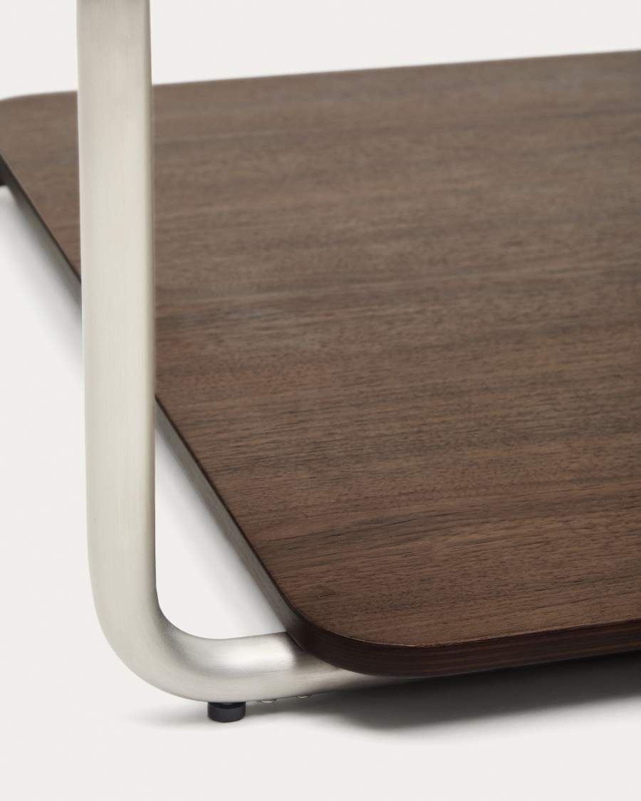 Tavolino Tarsel in vetro temperato e vassoio impiallacciato in noce con struttura in acciaio inox spazzolato 140 x 60 cm