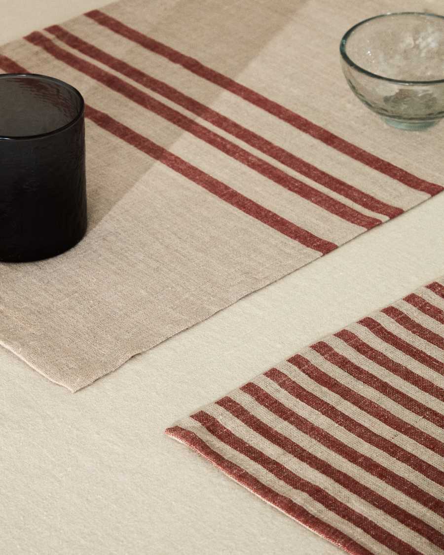 Jarne set of 2 placemats in beige and red linen 35 x 50 cm