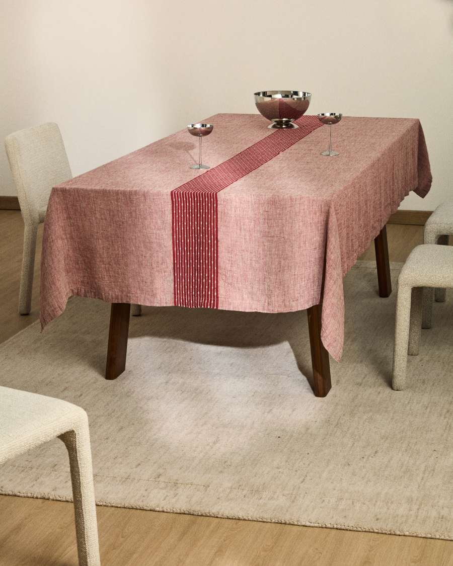 Calena linen jacquard tablecloth with red central stripe 150 x 250 cm