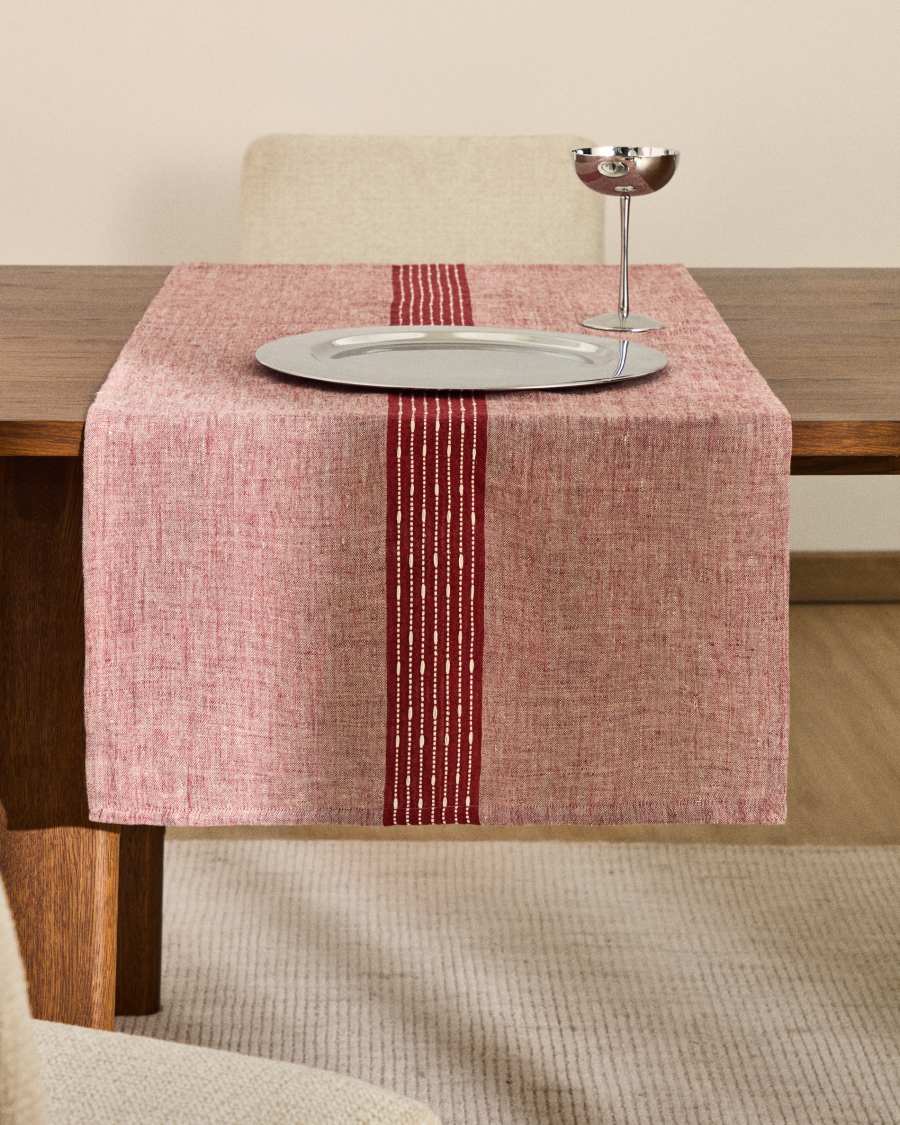 Chemin de table Calena en jacquard de lin avec bande centrale rouge 50 x 150 cm