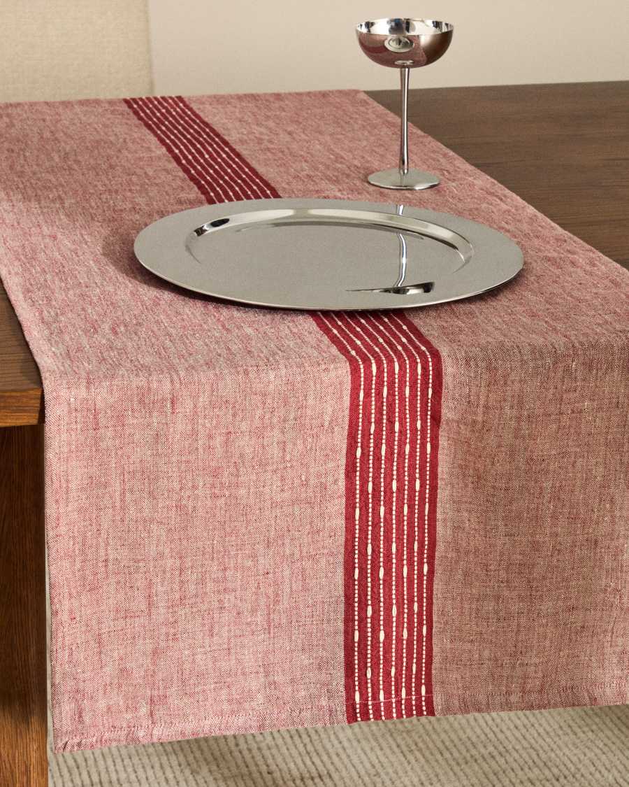Chemin de table Calena en jacquard de lin avec bande centrale rouge 50 x 150 cm