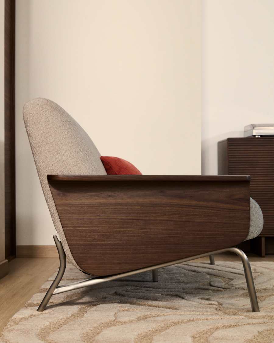 2-Sitzer-Sofa Amsen in Hellbraun aus Nussbaumsperrholz und Beinen aus em gebürsteten Edelstahl 165 cm