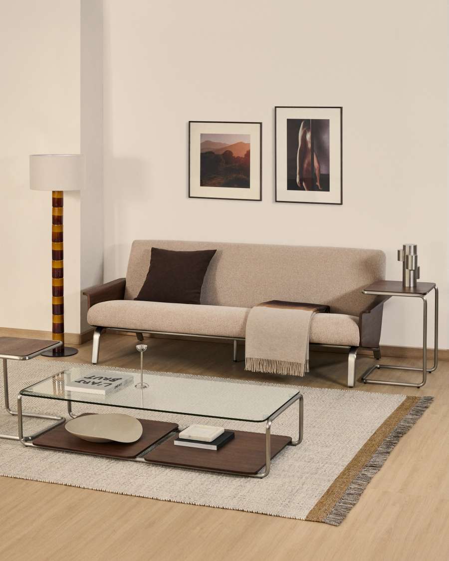 Amsen light brown 3-seater sofa in walnut plywood with brushed stainless steel legs 205cm