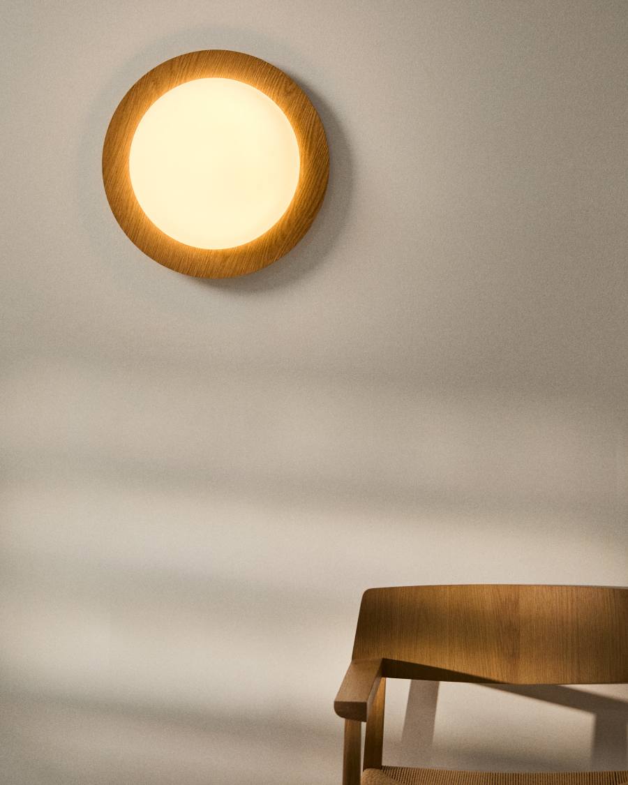 Novae ceiling lamp in light wood-effect brushed steel and frosted glass Ø 40 cm