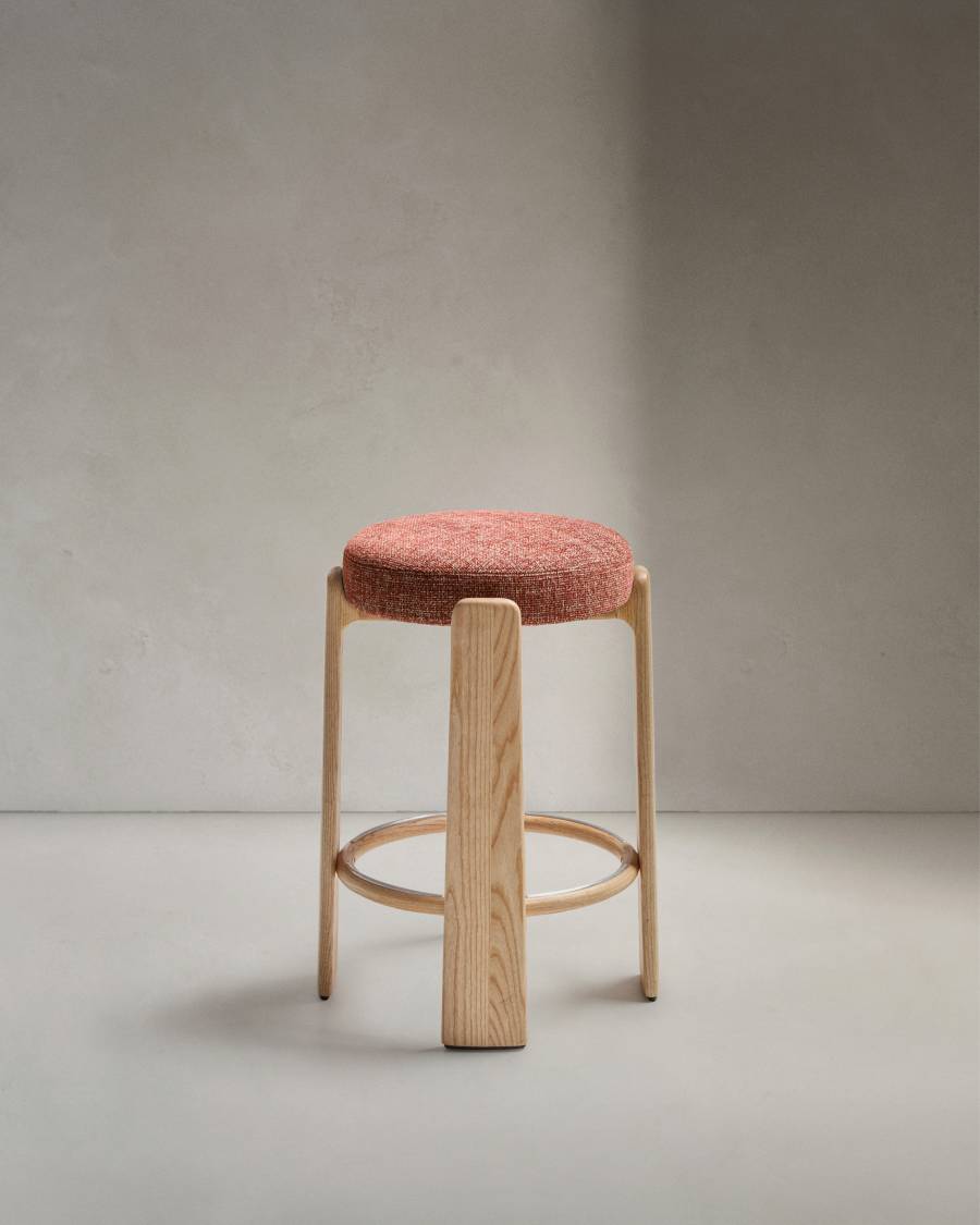 Granite fire-retardant stool in terracotta chenille and solid ash wood with natural finish FSC 100% 75 cm