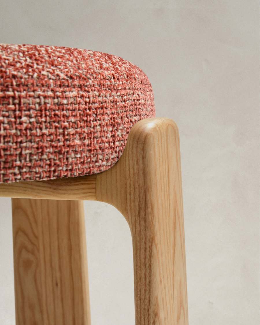 Granite fire-retardant stool in terracotta chenille and solid ash wood with natural finish FSC 100% 75 cm