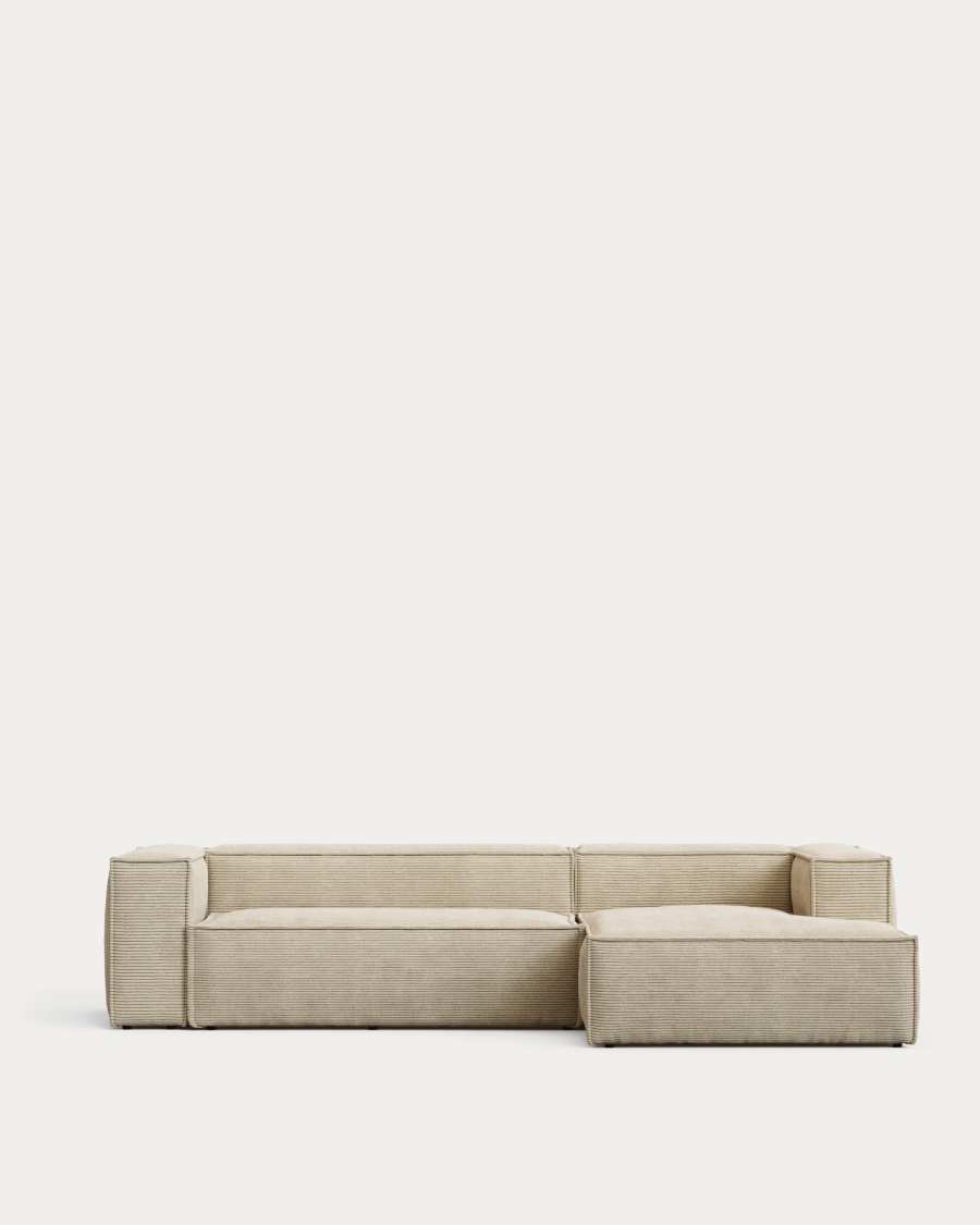 Blok fire-retardant 3-seater sofa with right chaise longue in thick ecru corduroy 300cm FSC Mix Credit