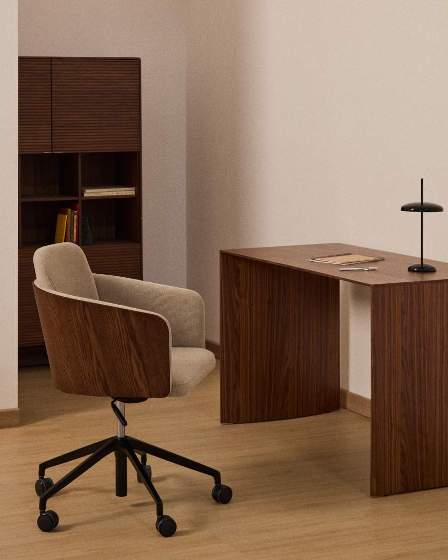 Madai desk chair in brown chenille and ash veneer with walnut finish FSC Mix Credit