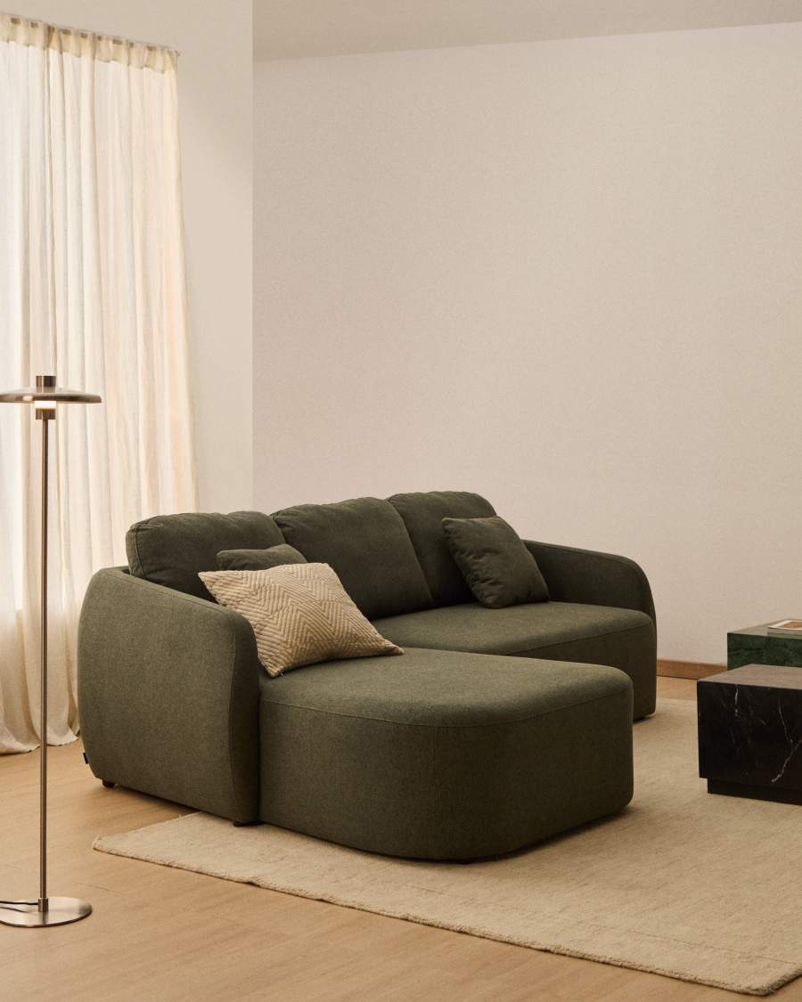 Laira 3-seater sofa bed with left chaise longue in dark green chenille 246cm FSC Mix Credit