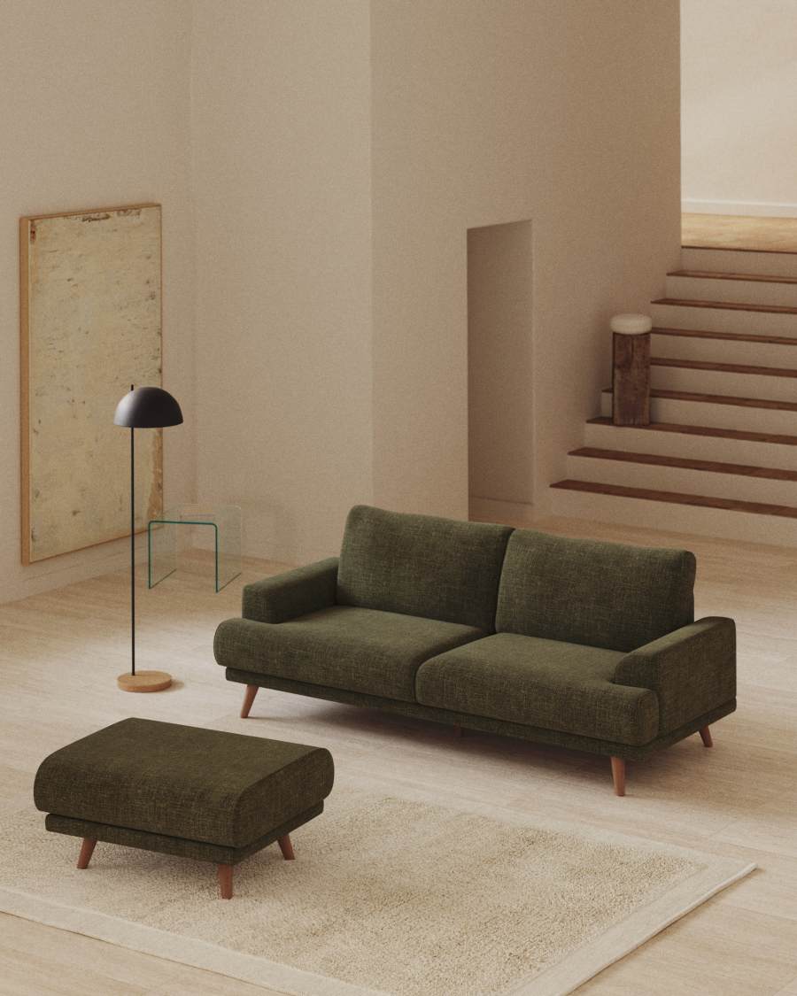 Karin footrest in green chenille with solid beech wood legs 90 x 70 cm