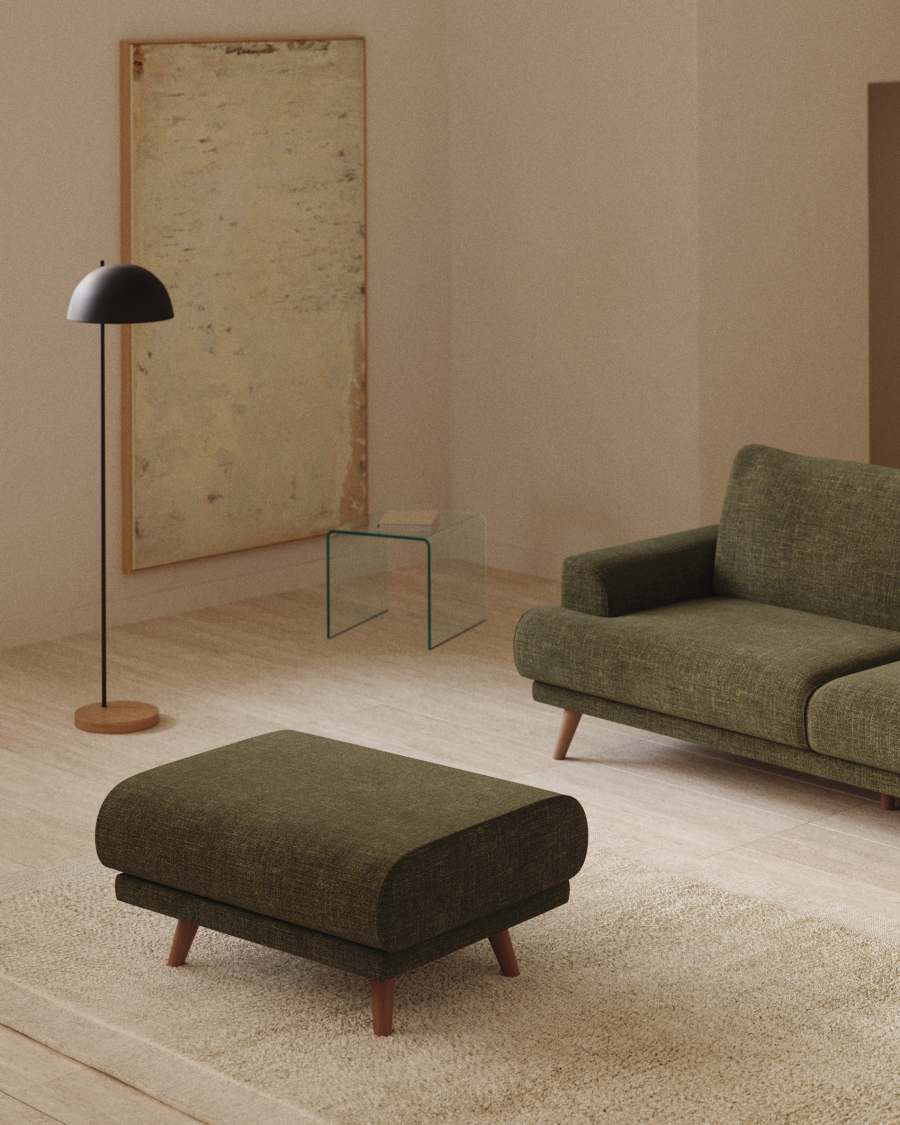 Karin footrest in green chenille with walnut-coloured solid beech wood legs 90 x 70 cm