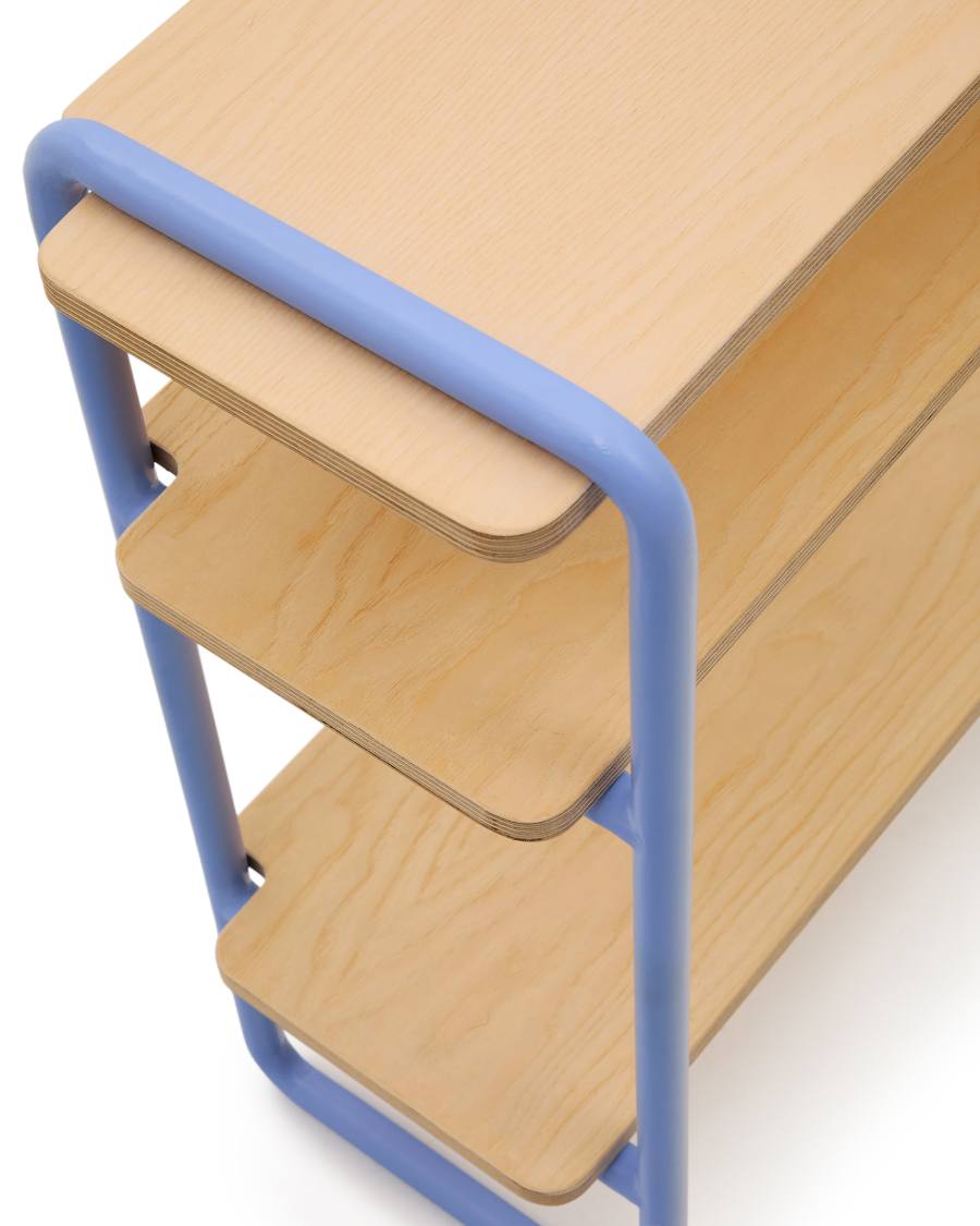 Tinn ash veneer shelf with a blue metal structure, 70 x 60 cm