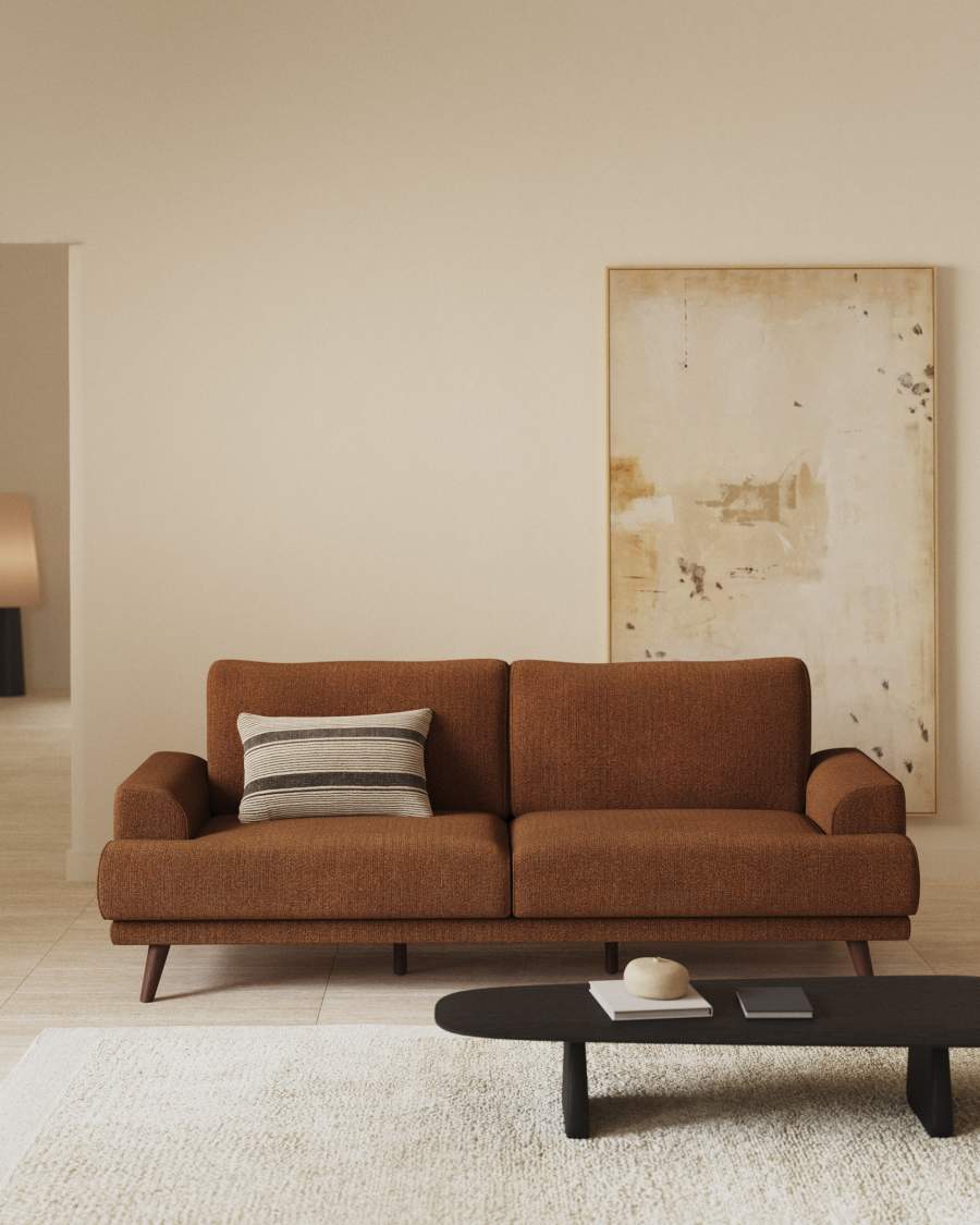 Karin 2-seater sofa dark orange with solid beech wood legs with walnut-effect finish, 210 cm