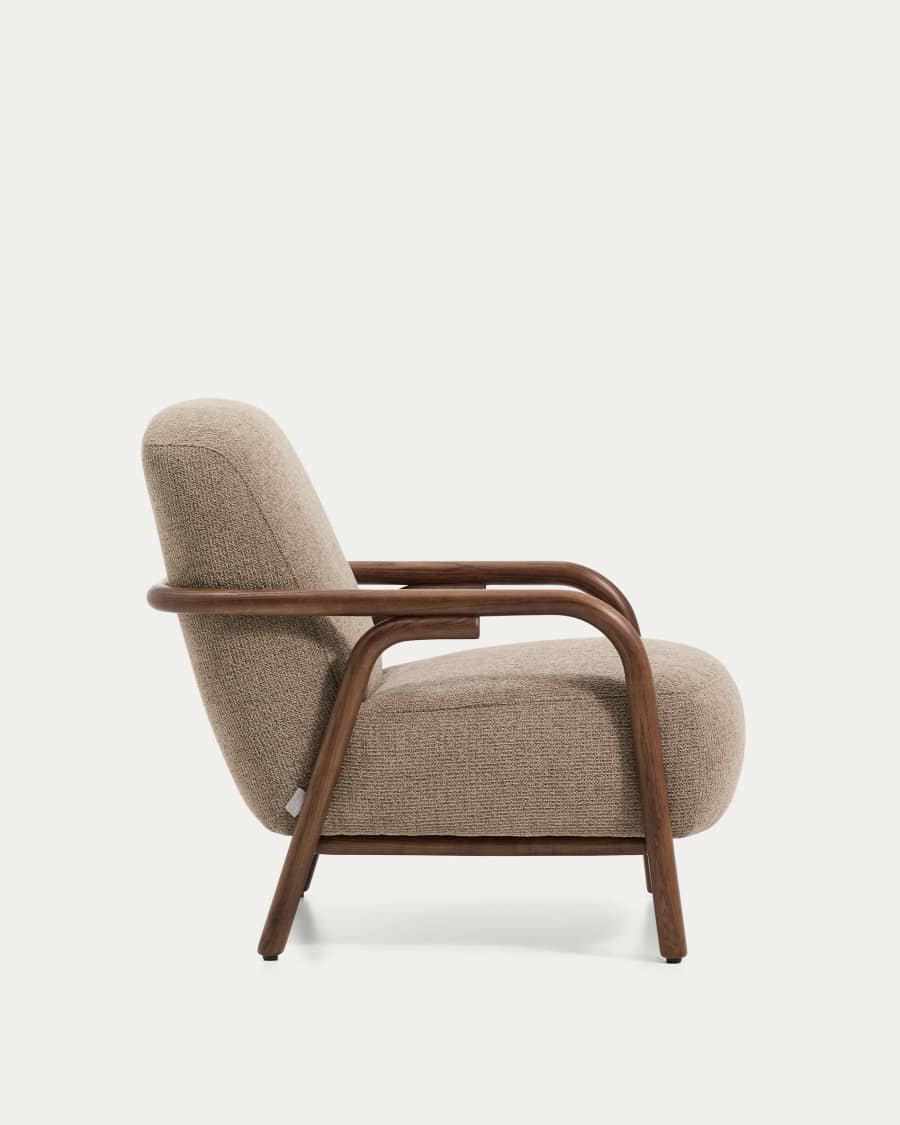 Sylo armchair in taupe chenille and solid ash wood with walnut-coloured finish FSC 100%