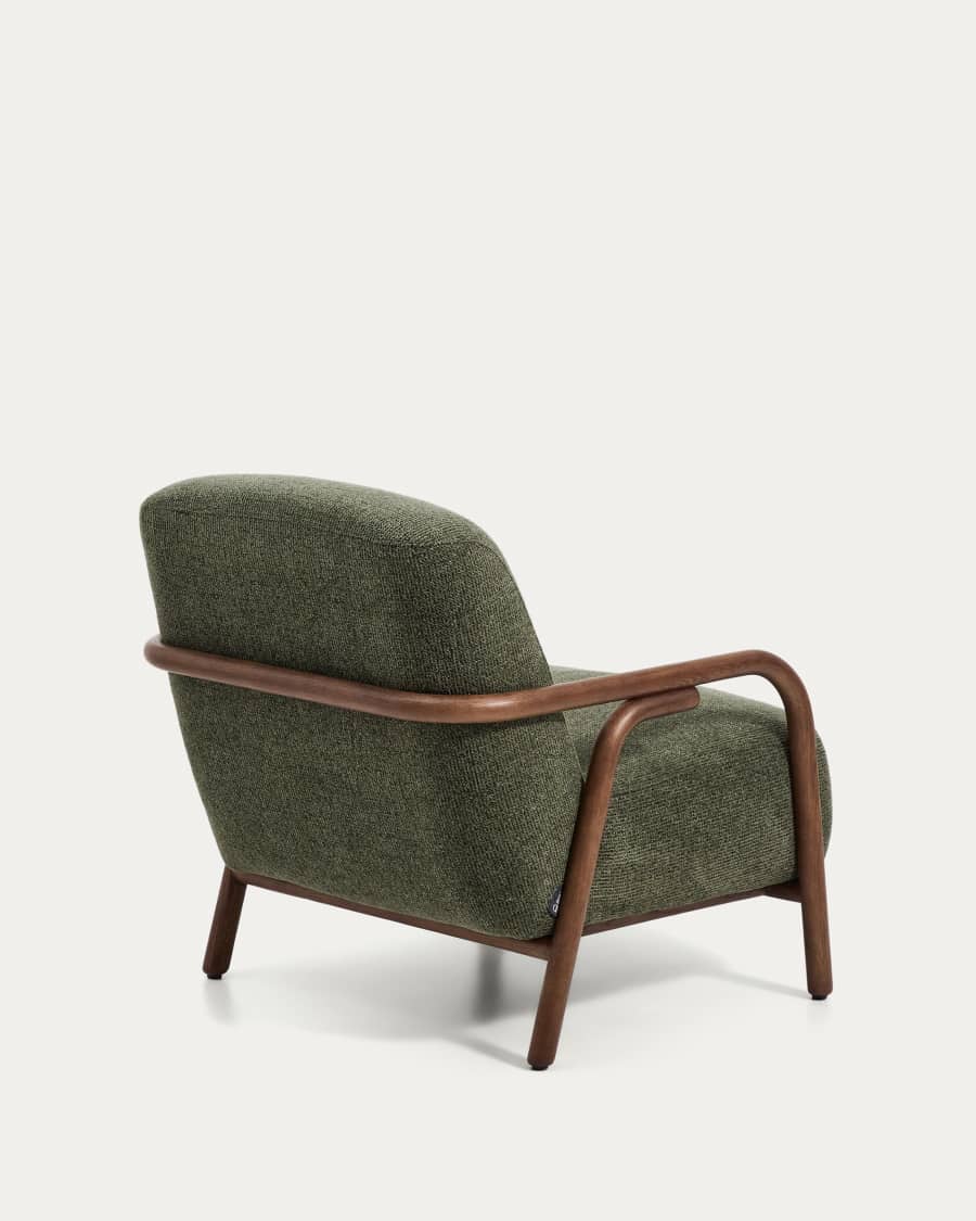 Sylo armchair in dark green chenille and solid ash wood with walnut-coloured finish FSC 100%