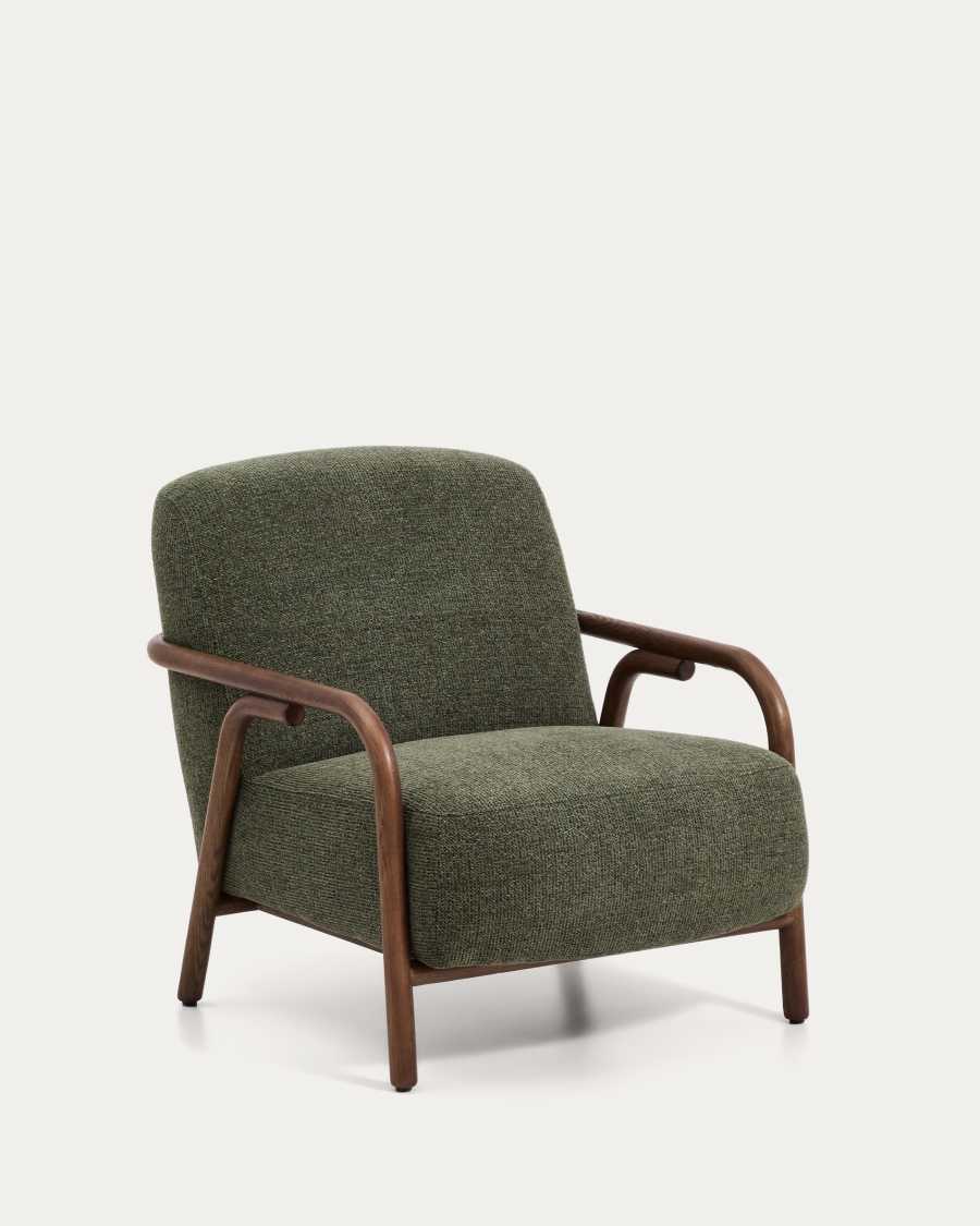 Sylo armchair in dark green chenille and solid ash wood with walnut-coloured finish FSC 100%