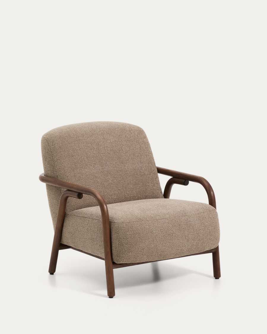 Sylo armchair in taupe chenille and solid ash wood with walnut-coloured finish FSC 100%