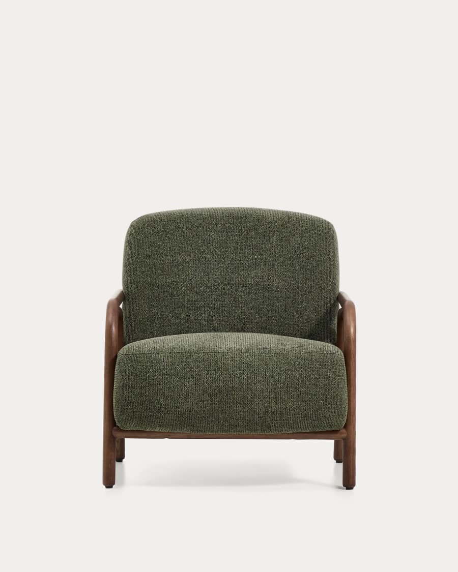Sylo armchair in dark green chenille and solid ash wood with walnut-coloured finish FSC 100%