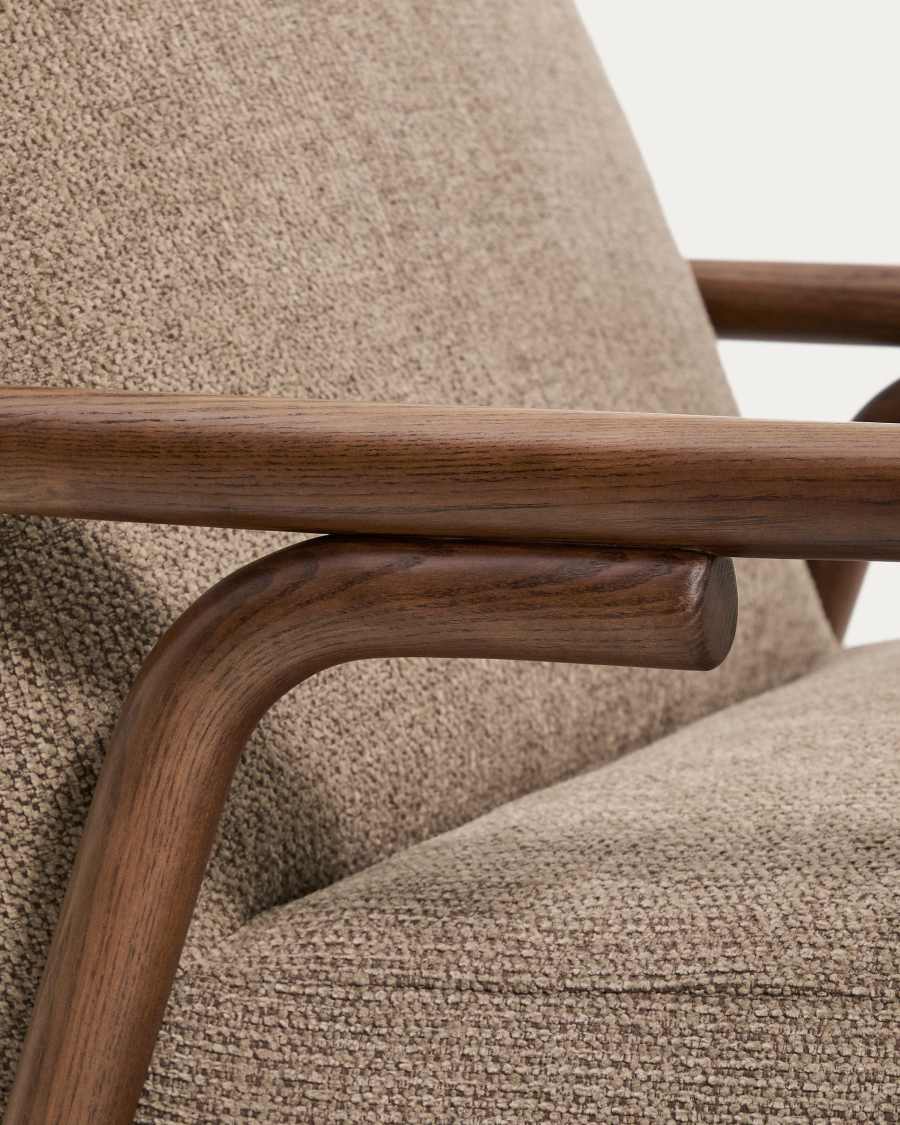 Sylo armchair in taupe chenille and solid ash wood with walnut-coloured finish FSC 100%