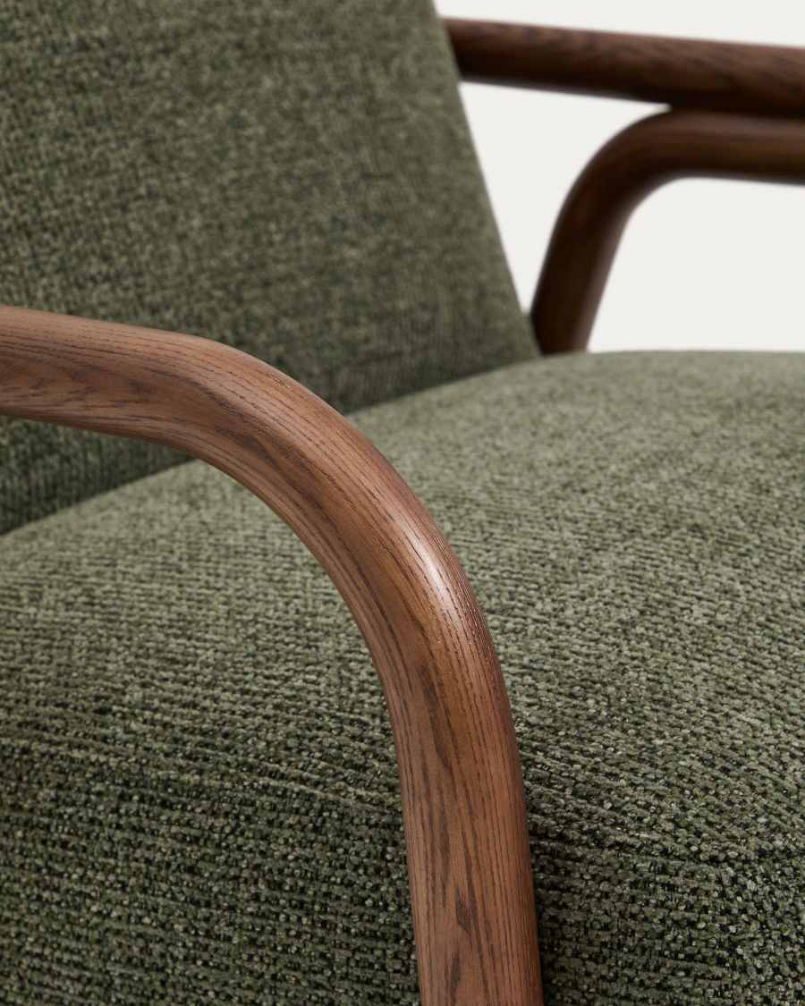 Sylo armchair in dark green chenille and solid ash wood with walnut-coloured finish FSC 100%