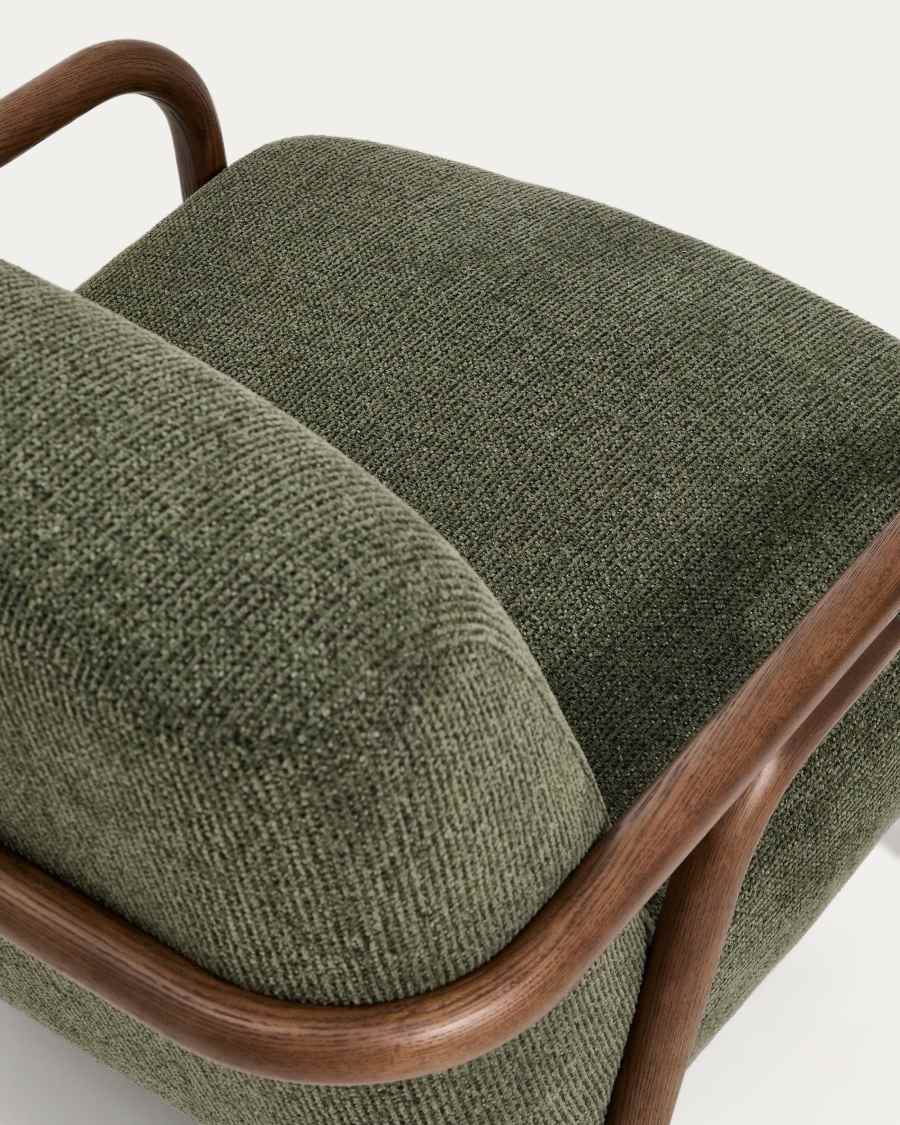 Sylo armchair in dark green chenille and solid ash wood with walnut-coloured finish FSC 100%
