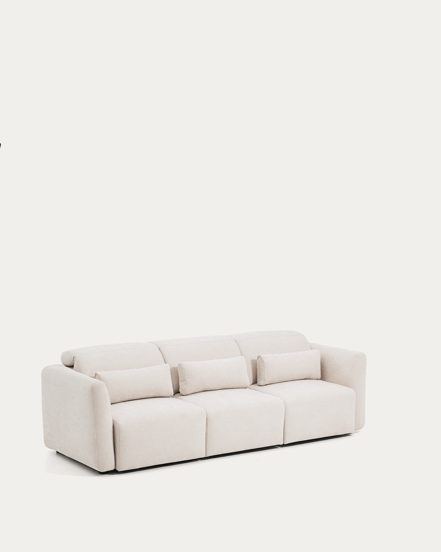 Lares 3-seater sofa with motorised sliding seats and reclining headrest in beige chenille 255cm