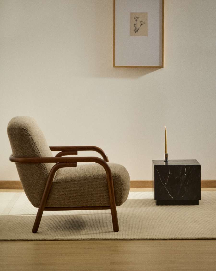 Sylo armchair in taupe chenille and solid ash wood with walnut-coloured finish FSC 100%