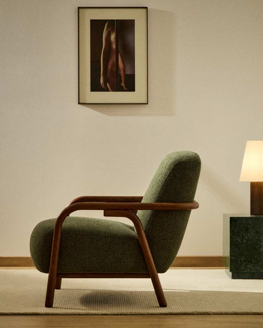 Sylo armchair in dark green chenille and solid ash wood with walnut-coloured finish FSC 100%