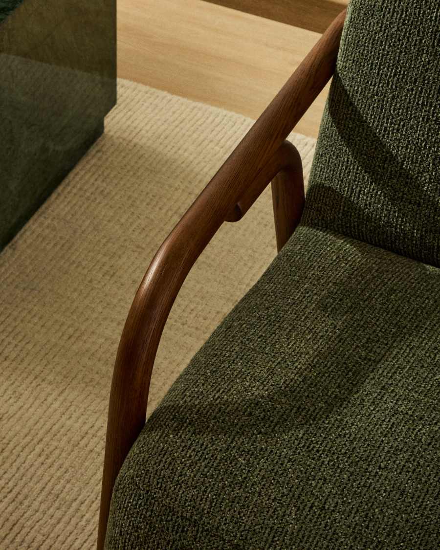 Sylo armchair in dark green chenille and solid ash wood with walnut-coloured finish FSC 100%