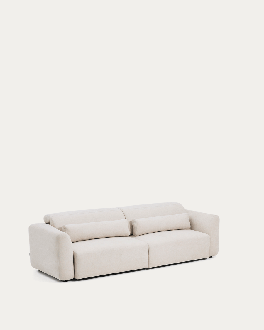 Lares 4-seater sofa with motorised sliding seats and reclining headrest in beige chenille 290cm
