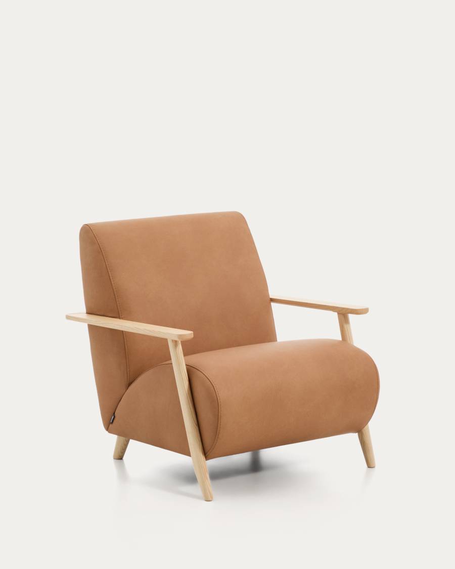 Meghan armchair in brown leather and solid ash wood with natural-coloured finish FSC Mix Credit