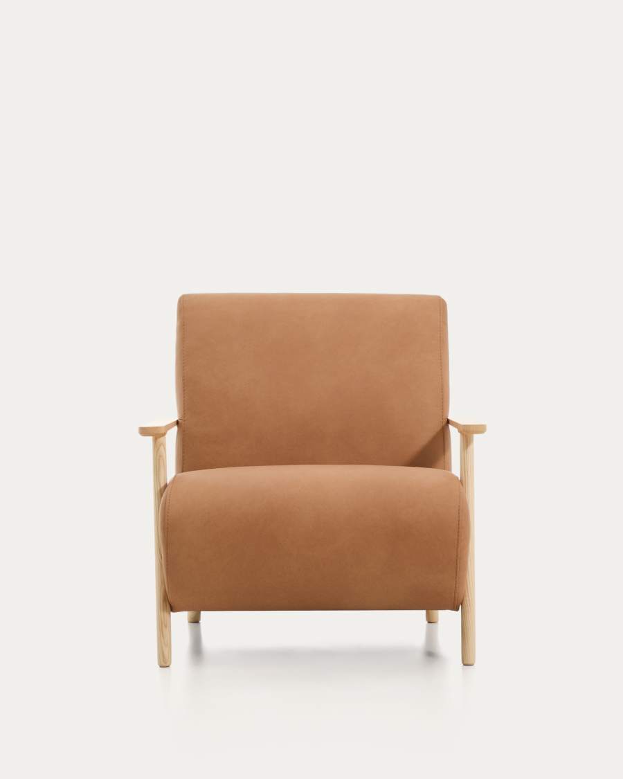 Meghan armchair in brown leather and solid ash wood with natural-coloured finish FSC Mix Credit