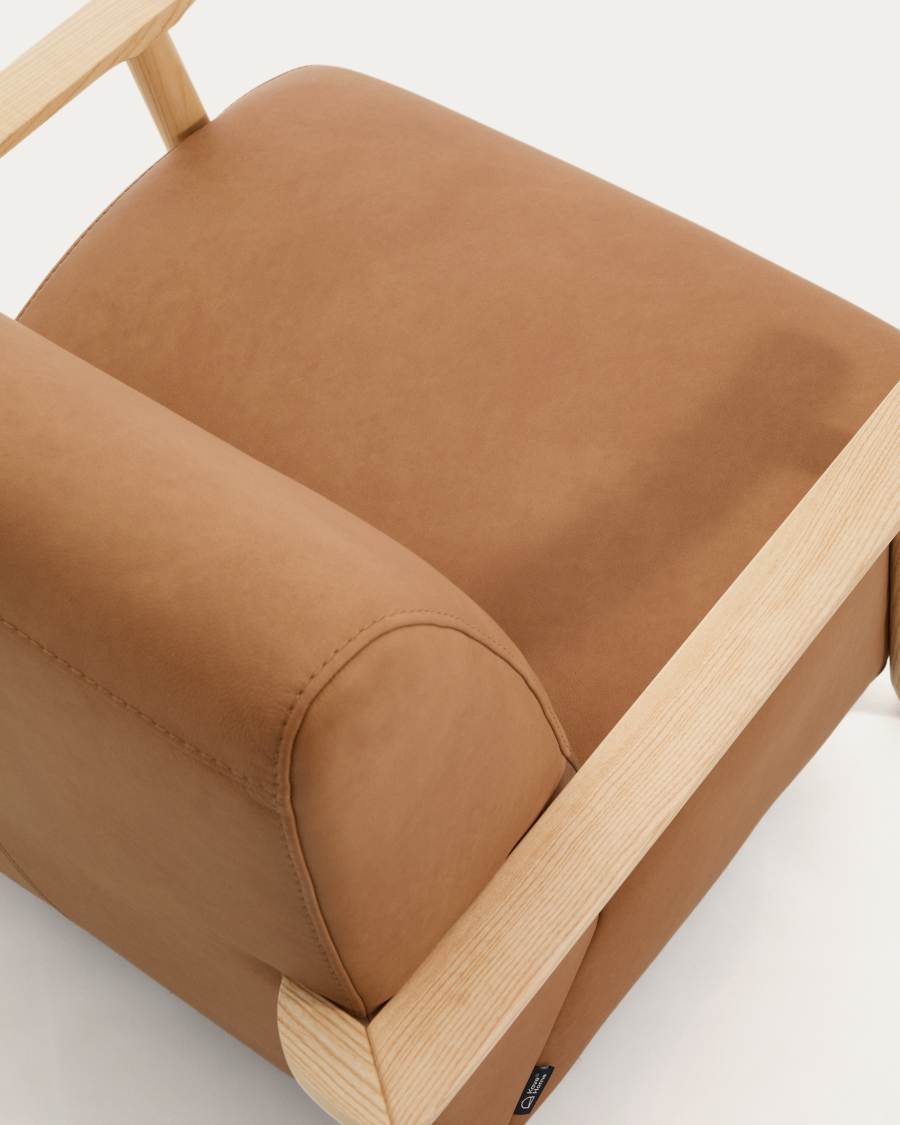 Meghan armchair in brown leather and solid ash wood with natural-coloured finish FSC Mix Credit