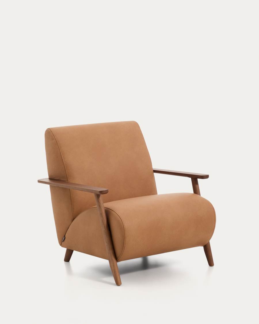 Meghan armchair in brown leather and solid ash wood with walnut-coloured finish FSC Mix Credit