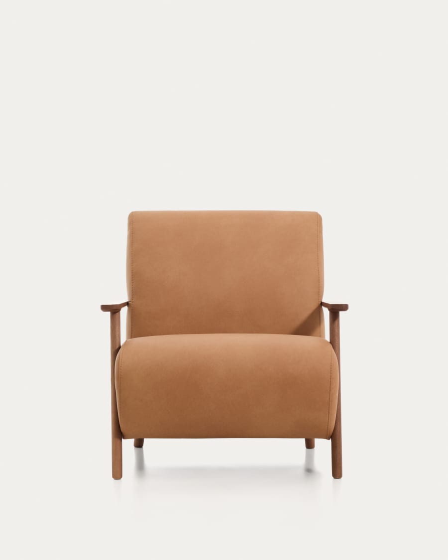 Meghan armchair in brown leather and solid ash wood with walnut-coloured finish FSC Mix Credit