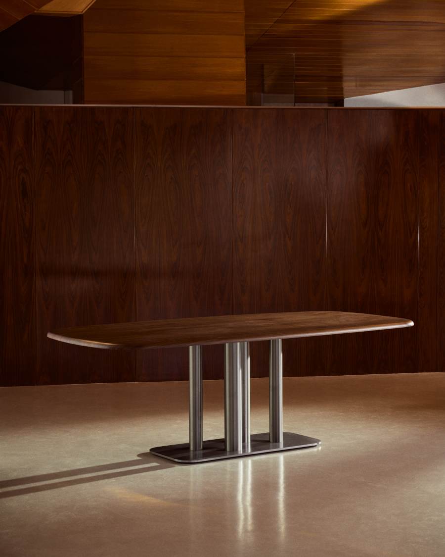 Melvar table made from walnut veneer and legs with brushed stainless steel base 220 x 110cm